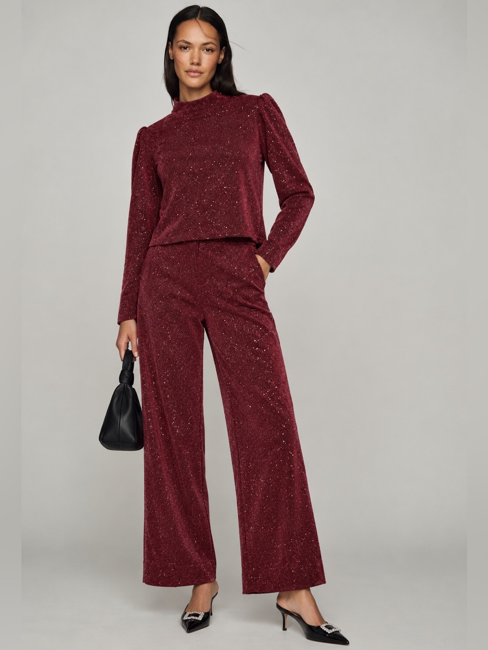 NWT BURU Sparkle Turtleneck Long Sleeve Top and Culotte Woven Metallic Pants XS